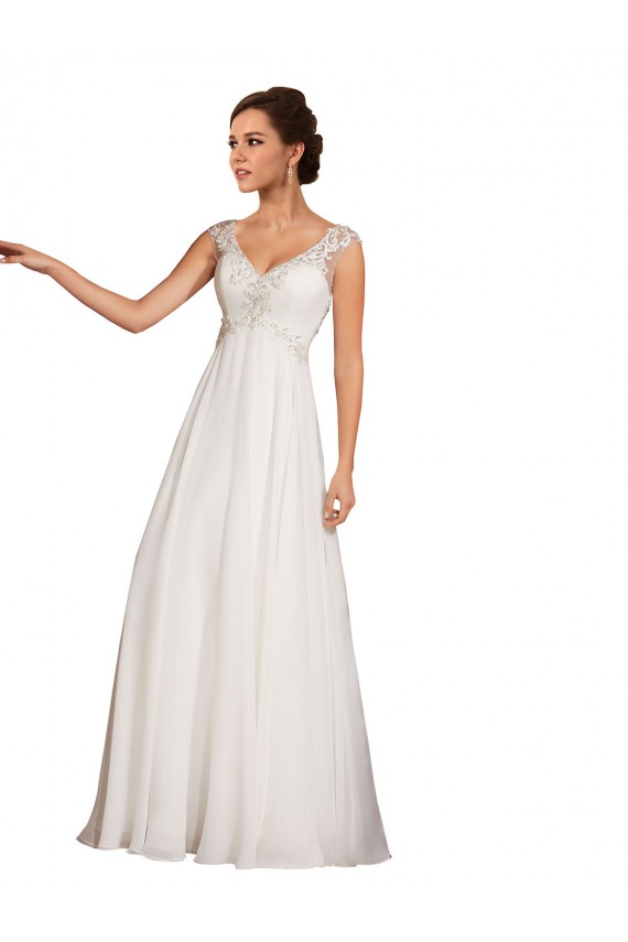 Usine Blanc Fourreau Col V Mousseline Dentelle Robes de mariée