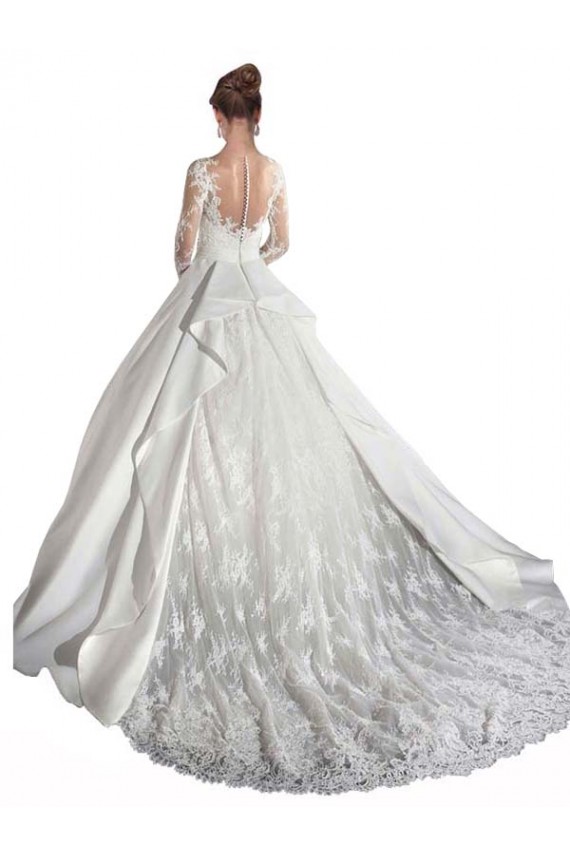 Usine Blanc Trapèze Illusion Traîne cathédrale Satiné Dentelle Robes de mariée