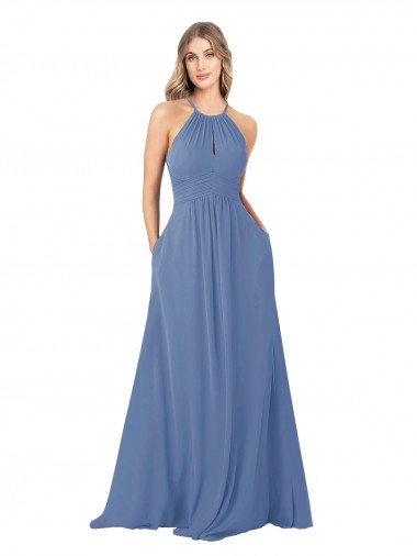 Usine Bleu Windsor Trapèze Col Haut Mousseline Longue Robes demoiselle d'honneur