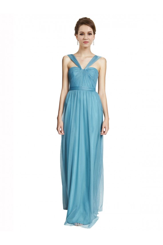 Usine Bleu ciel Trapèze Bretelles spaghetti Col V Tulle Longue Robes demoiselle d'honneur