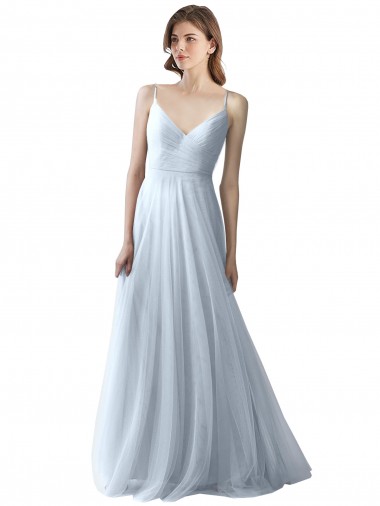 Usine Bleu ciel clair Trapèze Bretelles spaghetti Col V Tulle Longue Robes demoiselle d'honneur