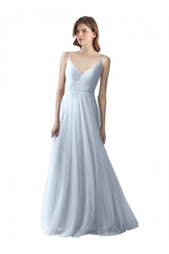 Usine Bleu ciel clair Trapèze Bretelles spaghetti Col V Tulle Longue Robes demoiselle d'honneur