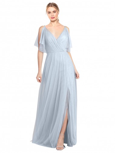 Usine Bleu ciel clair Trapèze Bretelles spaghetti Col V Tulle Longue Robes demoiselle d'honneur