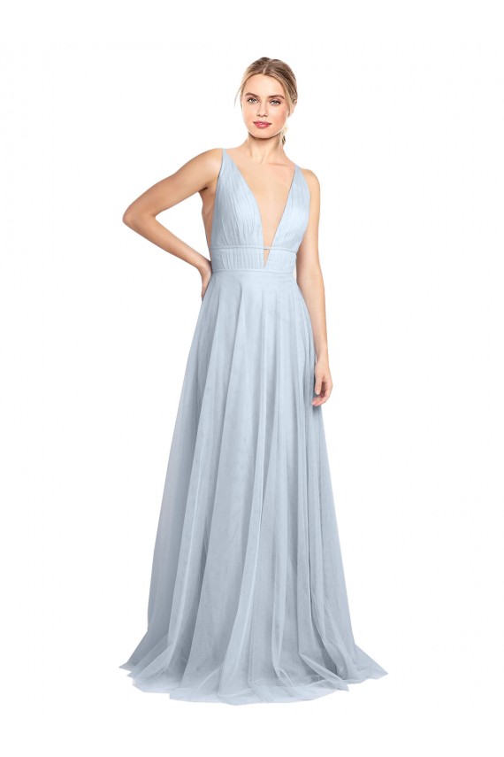 Usine Bleu ciel clair Trapèze Bretelles spaghetti Col V Tulle Longue Robes demoiselle d'honneur