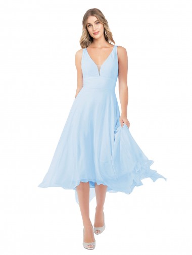 Usine Bleu ciel clair Trapèze Col V midi Mousseline Courte Robes demoiselle d'honneur / Robes de cocktail