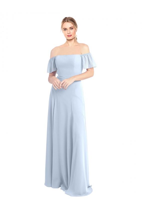 Usine Bleu ciel clair Trapèze Épaule Dénudée Col Carré Mousseline Longue Robes demoiselle d'honneur