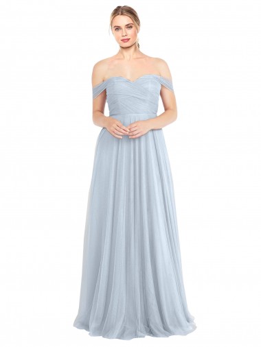 Usine Bleu ciel clair Trapèze Épaule Dénudée Tulle Longue Robes demoiselle d'honneur