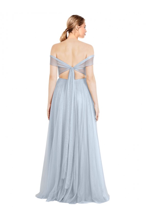 Usine Bleu ciel clair Trapèze Épaule Dénudée Tulle Longue Robes demoiselle d'honneur