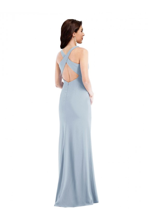 Usine Bleu ciel clair Trompette Col V Crêpe Stretch Longue Robes demoiselle d'honneur / Robes de bal