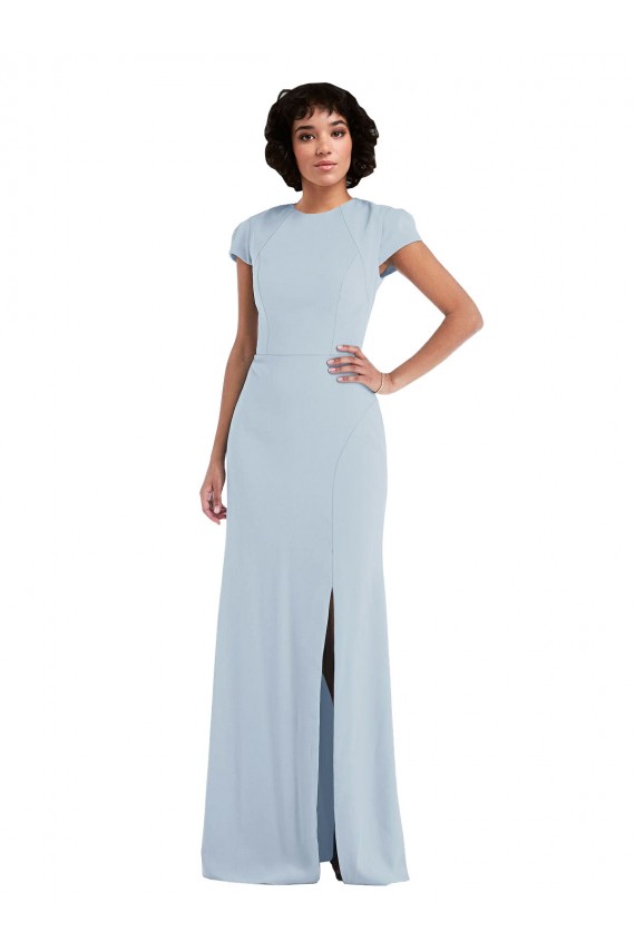 Usine Bleu ciel clair Trompette Col bijou Crêpe Stretch Longue Robes demoiselle d'honneur