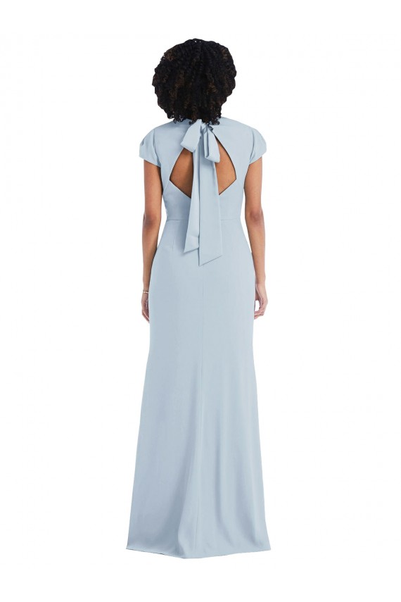 Usine Bleu ciel clair Trompette Col bijou Crêpe Stretch Longue Robes demoiselle d'honneur