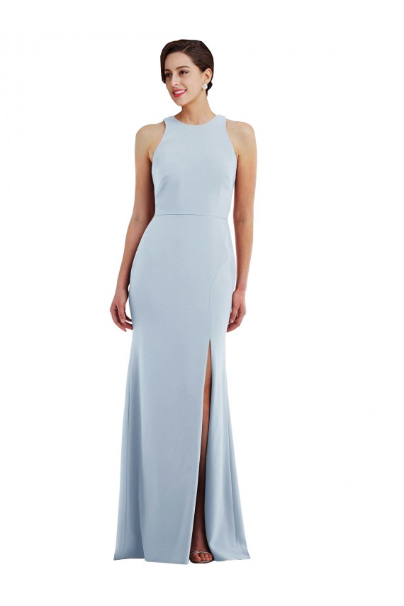 Usine Bleu ciel clair Trompette Licou Col bijou Crêpe Stretch Longue Formelles Robes demoiselle d'honneur / Robes de soirée / Robes de bal