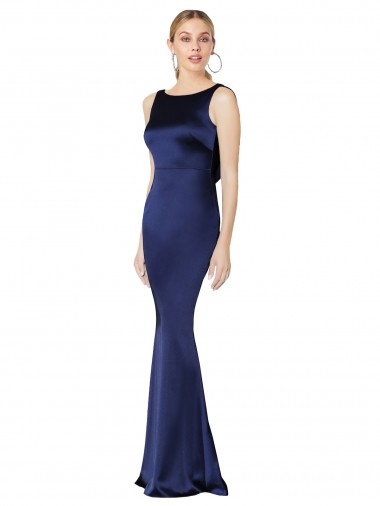 Usine Bleu marine foncé Fourreau Licou Col Haut Satiné Stretch Longue Formelles Robes demoiselle d'honneur / Robes de soirée / Robes de bal