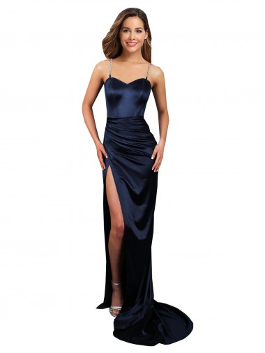 Usine Bleu marine foncé Sirène Satiné Stretch Longue Formelles Robes demoiselle d'honneur / Robes de soirée / Robes de bal
