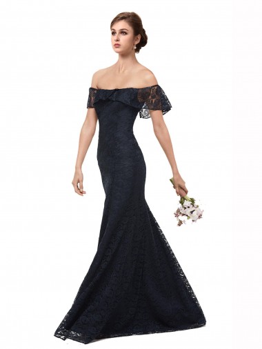 Usine Bleu marine foncé Sirène Épaule Dénudée Dentelle Longue Robes demoiselle d'honneur / Robes de bal