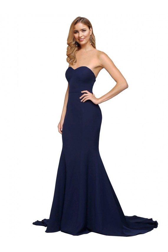 Usine Bleu marine foncé Trapèze Balayage train Crêpe Stretch Longue Formelles Robes demoiselle d'honneur / Robes de soirée / Robes de bal