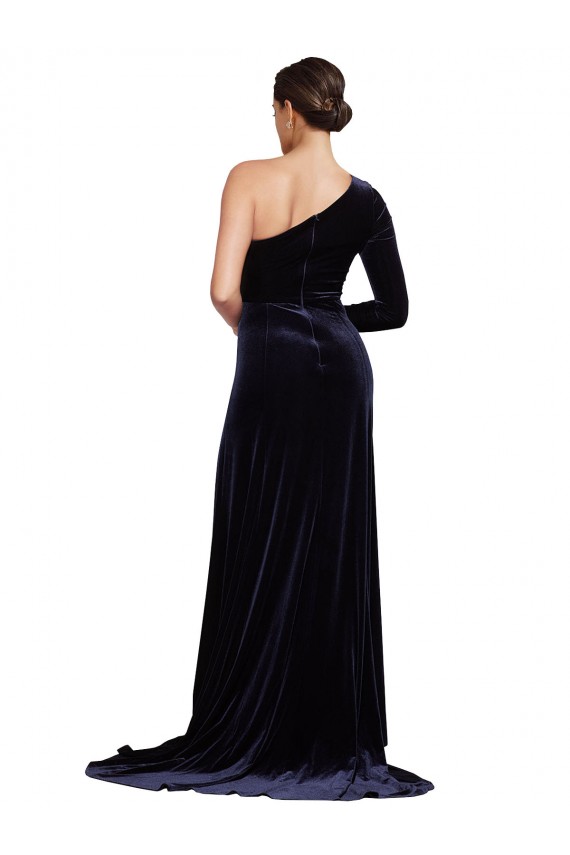 Usine Bleu marine foncé Trapèze Balayage train Velours Stretch Longue Formelles Robes demoiselle d'honneur / Robes de soirée / Robes de bal