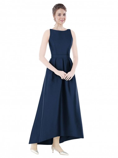 Usine Bleu marine foncé Trapèze Bateau Satiné Longue Asymétrique Robes demoiselle d'honneur