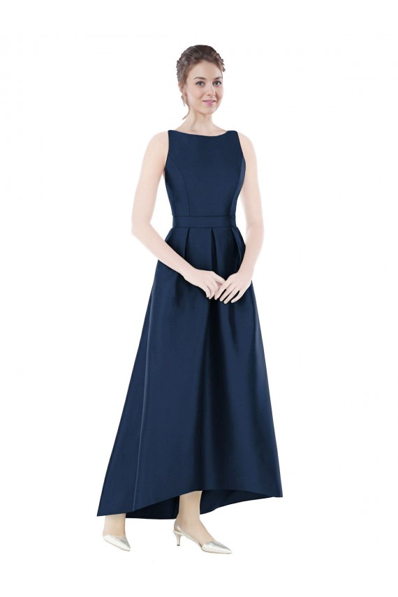 Usine Bleu marine foncé Trapèze Bateau Satiné Longue Asymétrique Robes demoiselle d'honneur