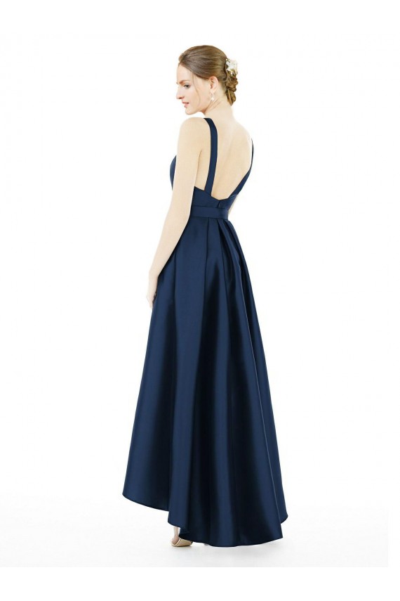 Usine Bleu marine foncé Trapèze Bateau Satiné Longue Asymétrique Robes demoiselle d'honneur