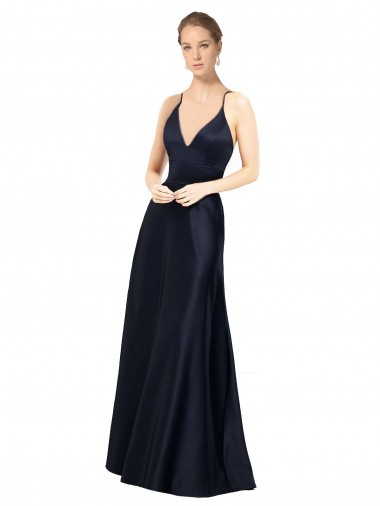 Usine Bleu marine foncé Trapèze Bretelles spaghetti Col V Satiné Longue Robes demoiselle d'honneur / Robes de bal