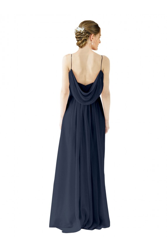 Usine Bleu marine foncé Trapèze Bretelles spaghetti Mousseline Longue Robes demoiselle d'honneur