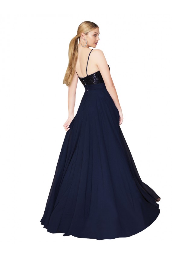Usine Bleu marine foncé Trapèze Bretelles spaghetti Mousseline Paillette Longue Robes demoiselle d'honneur / Robes de bal