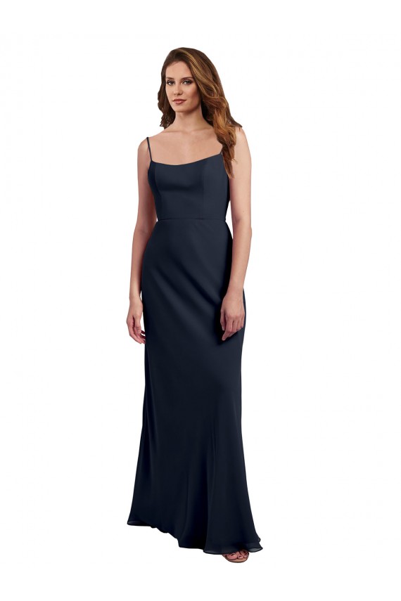 Usine Bleu marine foncé Trapèze Bretelles spaghetti Scoop Mousseline Longue Robes demoiselle d'honneur