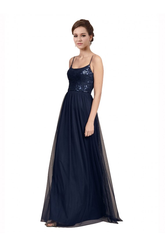 Usine Bleu marine foncé Trapèze Bretelles spaghetti Tulle Dentelle Longue Robes demoiselle d'honneur
