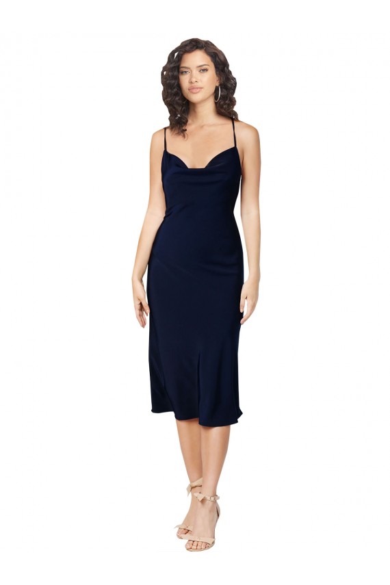 Usine Bleu marine foncé Trapèze Bretelles spaghetti midi Satiné Soyeux Courte Robes demoiselle d'honneur / Robes de soirée / Robes de cocktail