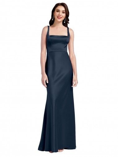 Usine Bleu marine foncé Trapèze Col Carré Satiné Stretch Longue Formelles Robes demoiselle d'honneur / Robes de soirée / Robes de bal