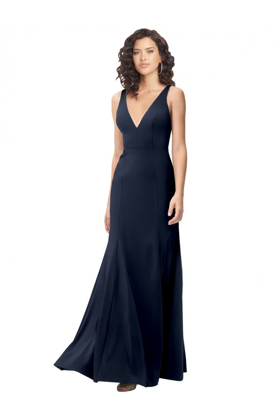Usine Bleu marine foncé Trapèze Col V Crêpe Stretch Longue Formelles Robes demoiselle d'honneur / Robes de soirée / Robes de bal