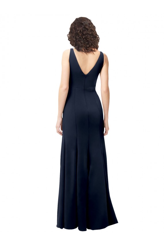 Usine Bleu marine foncé Trapèze Col V Crêpe Stretch Longue Formelles Robes demoiselle d'honneur / Robes de soirée / Robes de bal