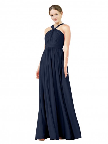 Usine Bleu marine foncé Trapèze Col V Mousseline Longue Robes demoiselle d'honneur