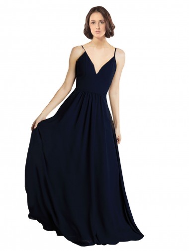 Usine Bleu marine foncé Trapèze Col V Mousseline Longue Robes demoiselle d'honneur