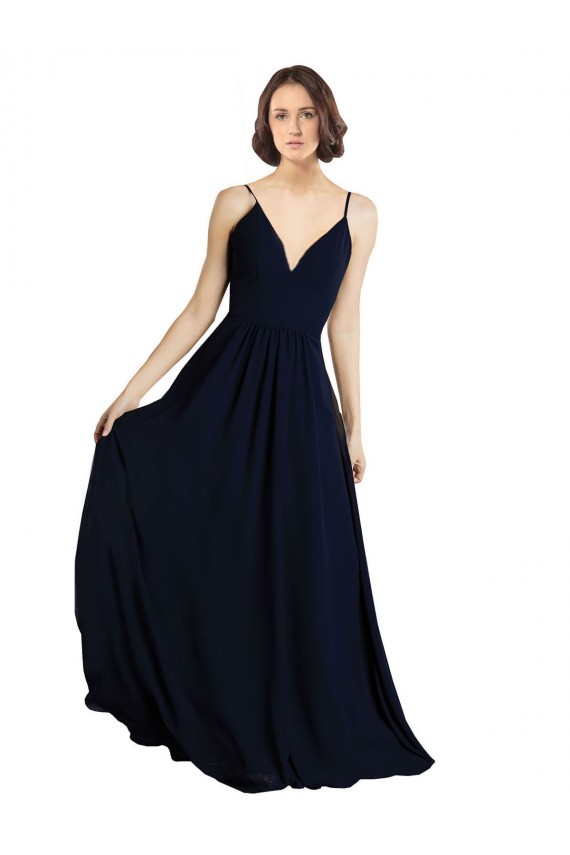 Usine Bleu marine foncé Trapèze Col V Mousseline Longue Robes demoiselle d'honneur