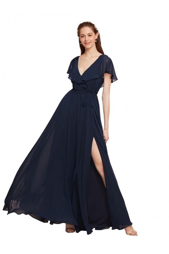 Usine Bleu marine foncé Trapèze Col V Mousseline Longue Robes demoiselle d'honneur
