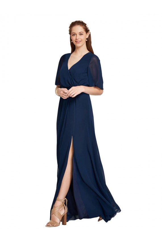 Usine Bleu marine foncé Trapèze Col V Mousseline Longue Robes demoiselle d'honneur