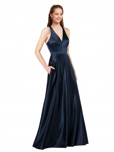 Usine Bleu marine foncé Trapèze Col V Satiné Longue Formelles Robes demoiselle d'honneur / Robes de soirée / Robes de bal