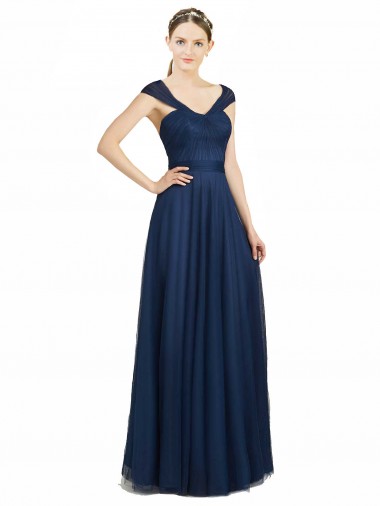 Usine Bleu marine foncé Trapèze Col V Tulle Longue Robes demoiselle d'honneur