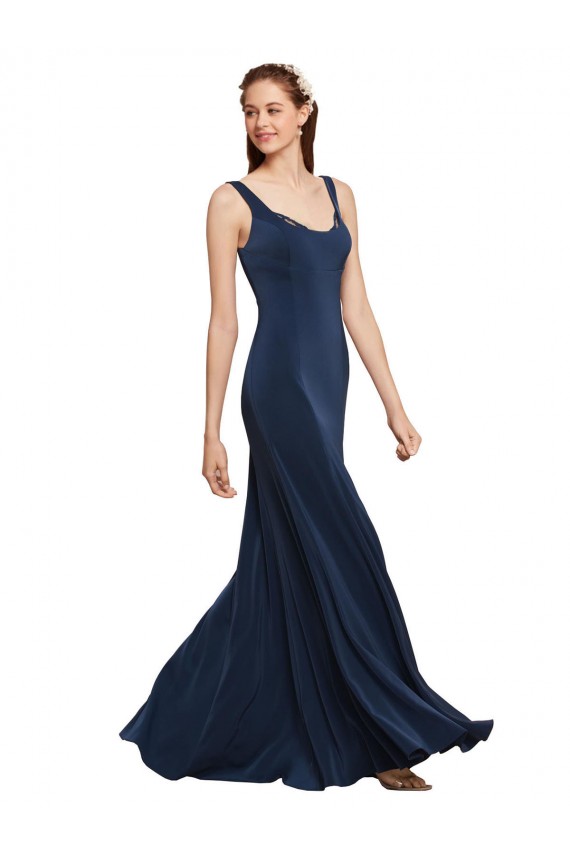 Usine Bleu marine foncé Trapèze Col rond Crêpe Stretch Longue Formelles Robes demoiselle d'honneur / Robes de soirée / Robes de bal