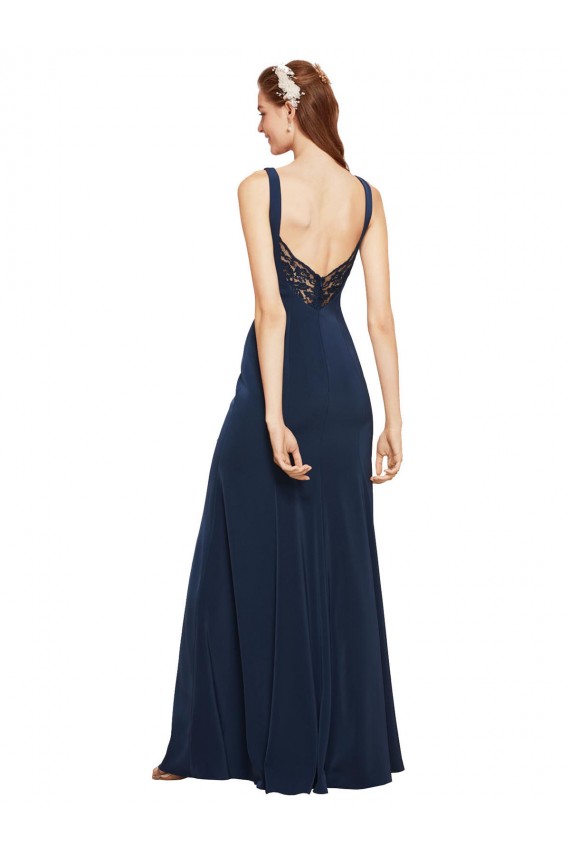 Usine Bleu marine foncé Trapèze Col rond Crêpe Stretch Longue Formelles Robes demoiselle d'honneur / Robes de soirée / Robes de bal