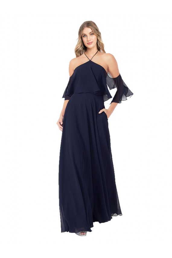 Usine Bleu marine foncé Trapèze Licou Col Haut Mousseline Longue Robes demoiselle d'honneur