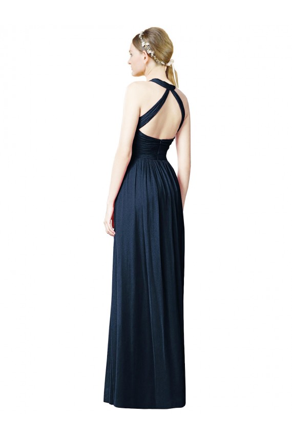 Usine Bleu marine foncé Trapèze Licou Col V Mousseline Longue Robes demoiselle d'honneur