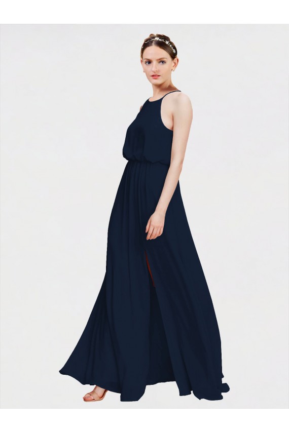 Usine Bleu marine foncé Trapèze Licou Mousseline Longue Robes demoiselle d'honneur