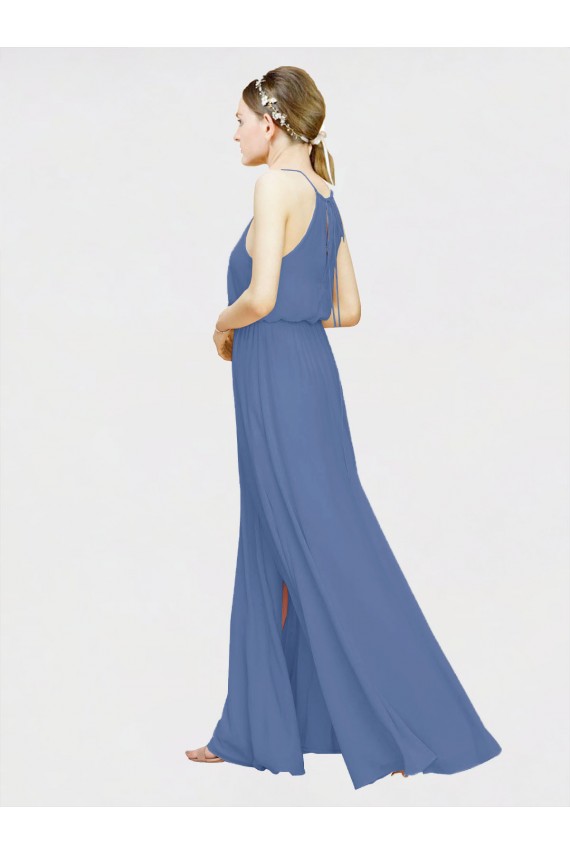 Usine Bleu marine foncé Trapèze Licou Mousseline Longue Robes demoiselle d'honneur