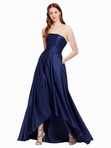 Usine Bleu marine foncé Trapèze Sans bretelle Satiné Longue Asymétrique Formelles Robes demoiselle d'honneur / Robes de soirée / Robes de bal