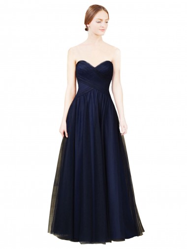 Usine Bleu marine foncé Trapèze Sans bretelle Tulle Longue Robes demoiselle d'honneur