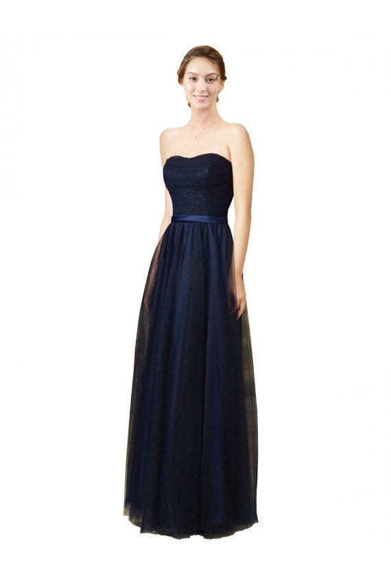 Usine Bleu marine foncé Trapèze Sans bretelle Tulle Longue Robes demoiselle d'honneur