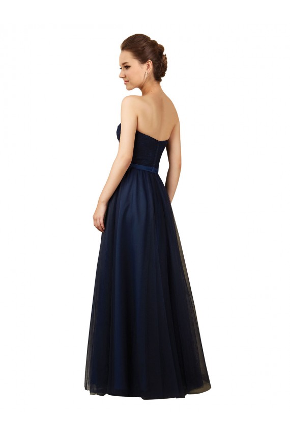 Usine Bleu marine foncé Trapèze Sans bretelle Tulle Longue Robes demoiselle d'honneur